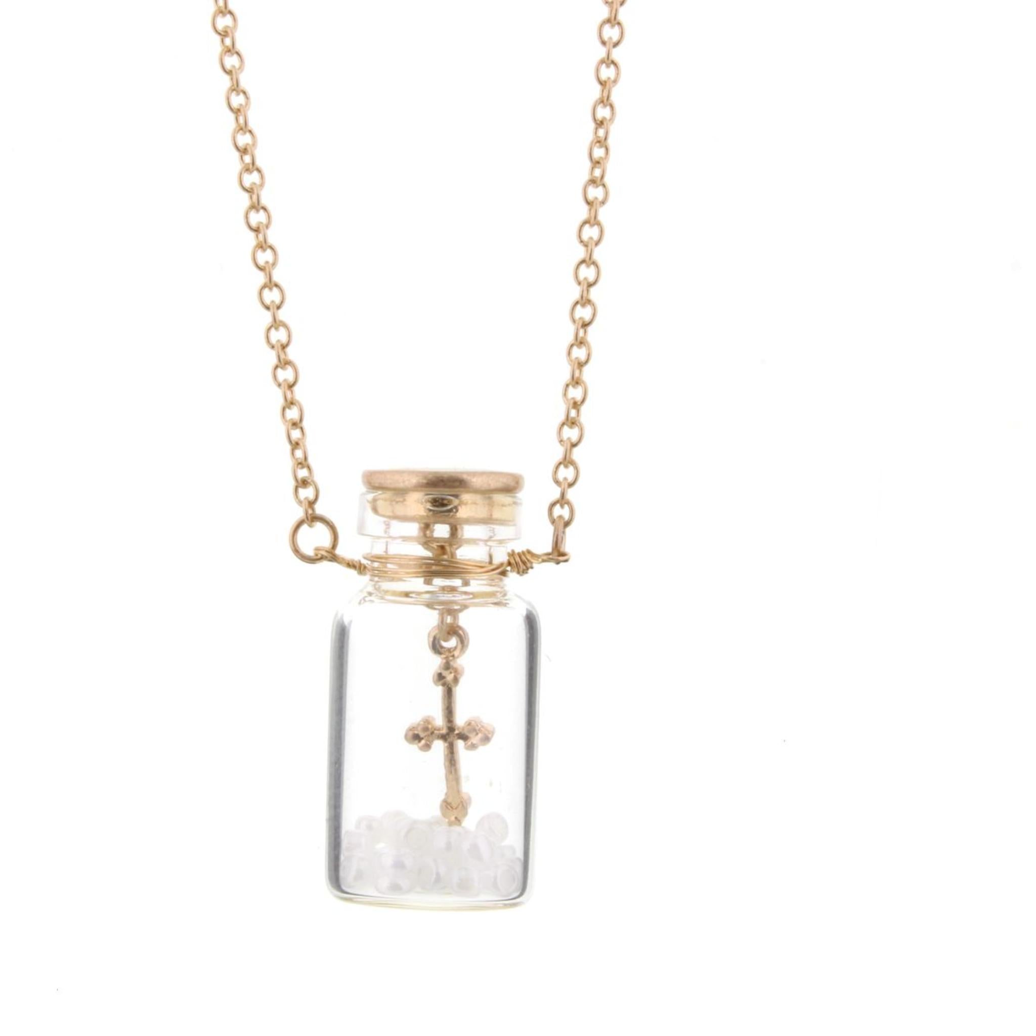 14" Kids Cross in Bottle Necklace with Pearl Beads, 2" Ext