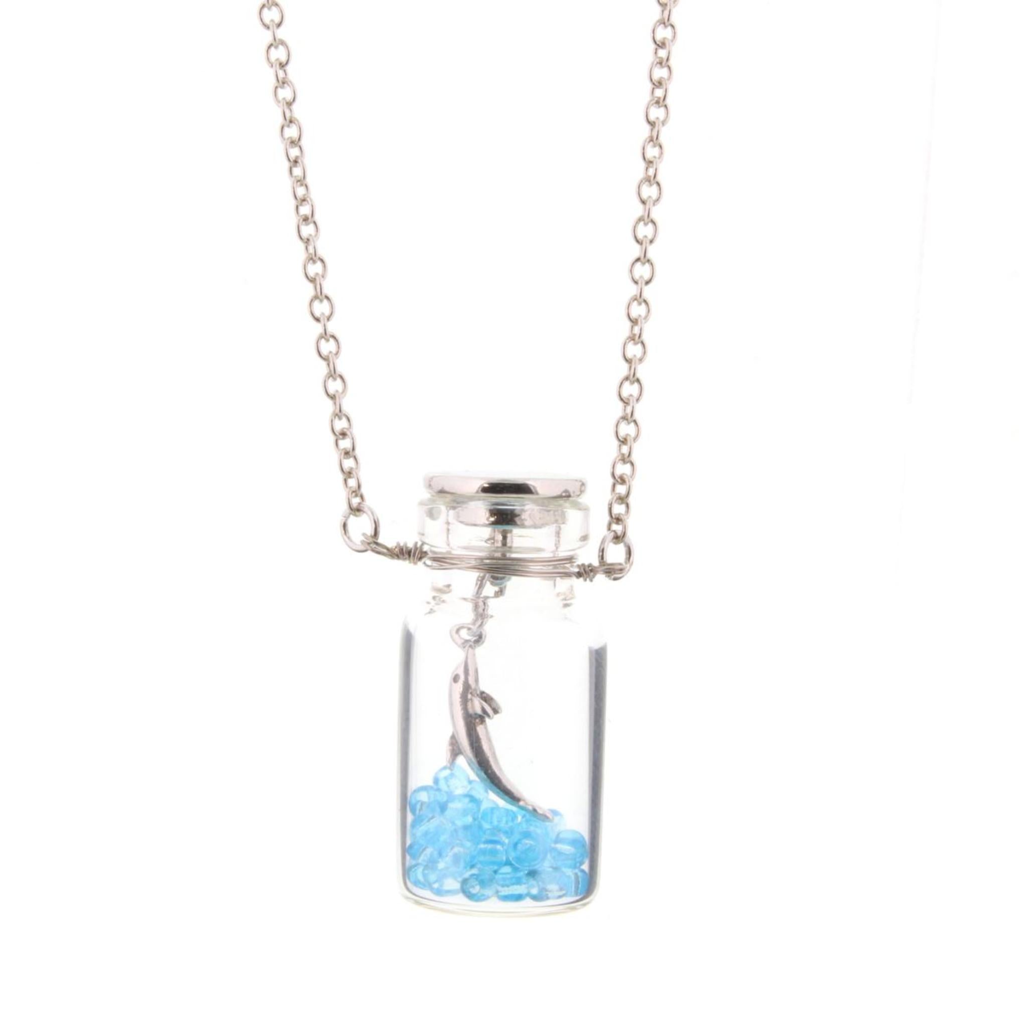 14" Kids Dolphin in Bottle Necklace with Ocean Blue Beads, 2" Ext