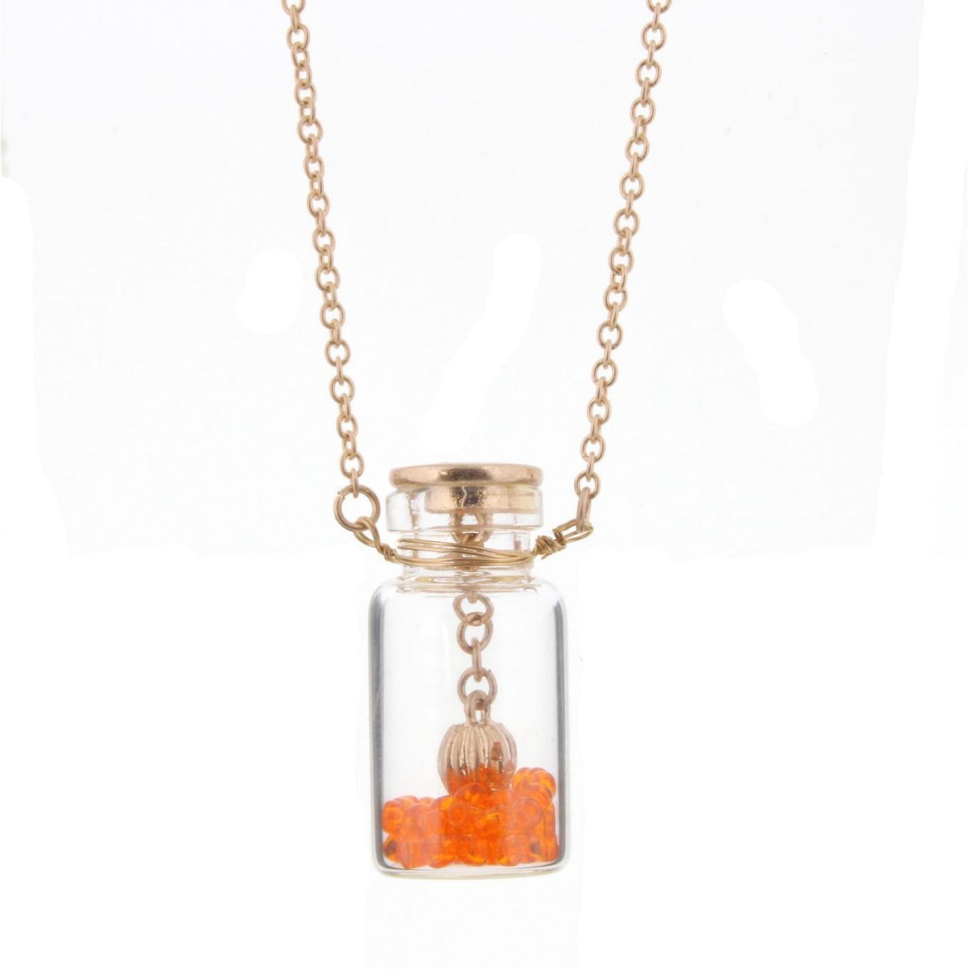 14" Kids Pumpkin in Bottle Necklace with Orange Beads, 2" Ext