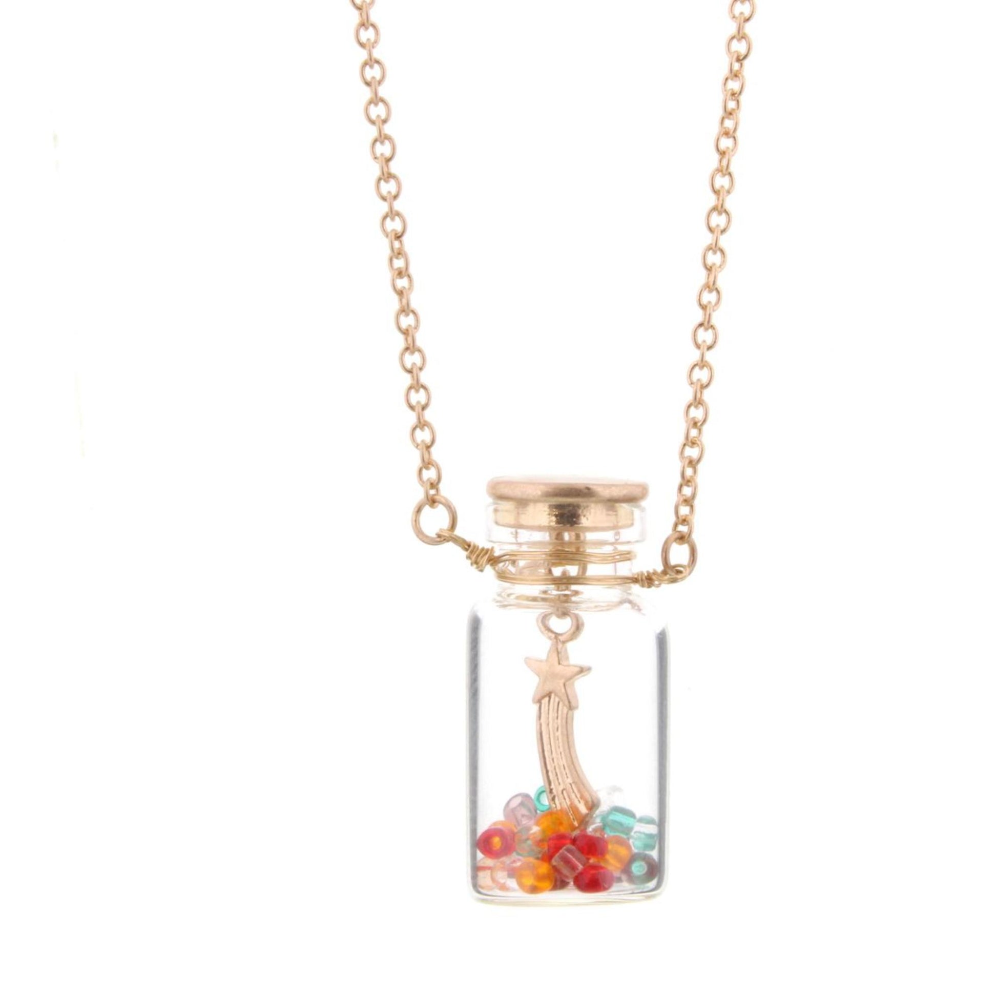 14" Kids Shooting Star in Bottle Necklace with Multi Colored Beads, 2" Ext