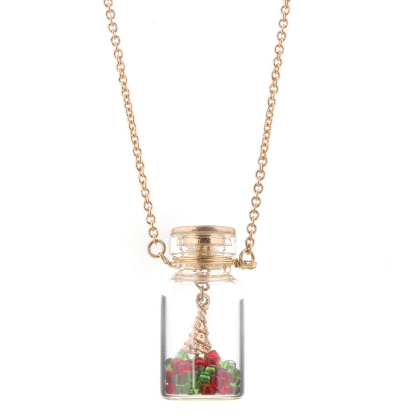 14" Kids Christmas Tree in Bottle Necklace with Red & Green Beads, 32 Ext