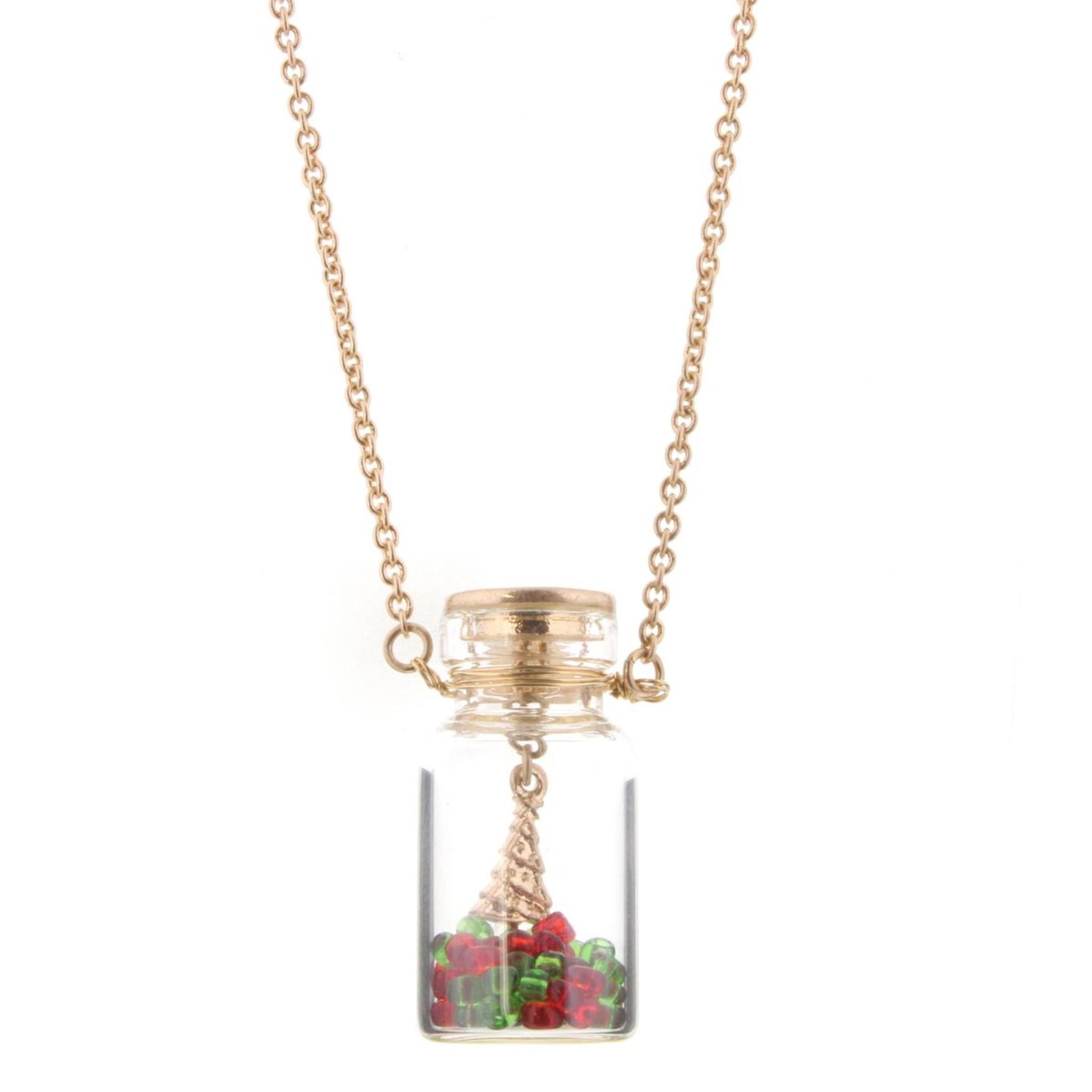 14" Kids Christmas Tree in Bottle Necklace with Red & Green Beads, 32 Ext