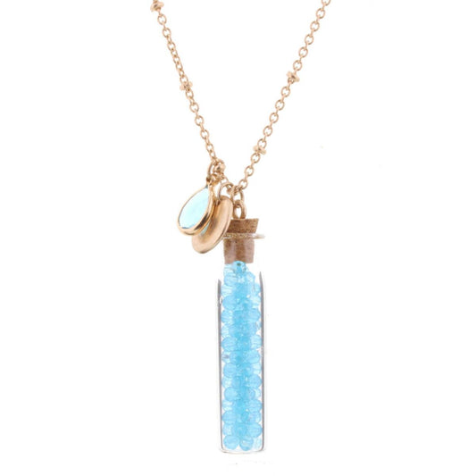 30" Necklace with Blue Topaz Bead Filled Bottle, 3" Ext