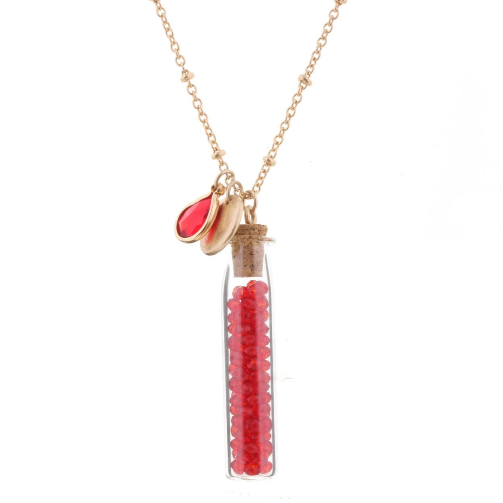 30" Necklace with Ruby Bead Filled Bottle, 3" Ext