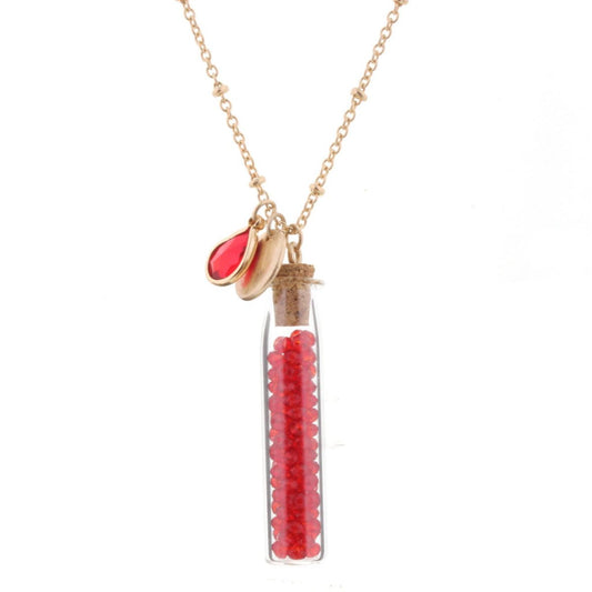 30" Necklace with Ruby Bead Filled Bottle, 3" Ext
