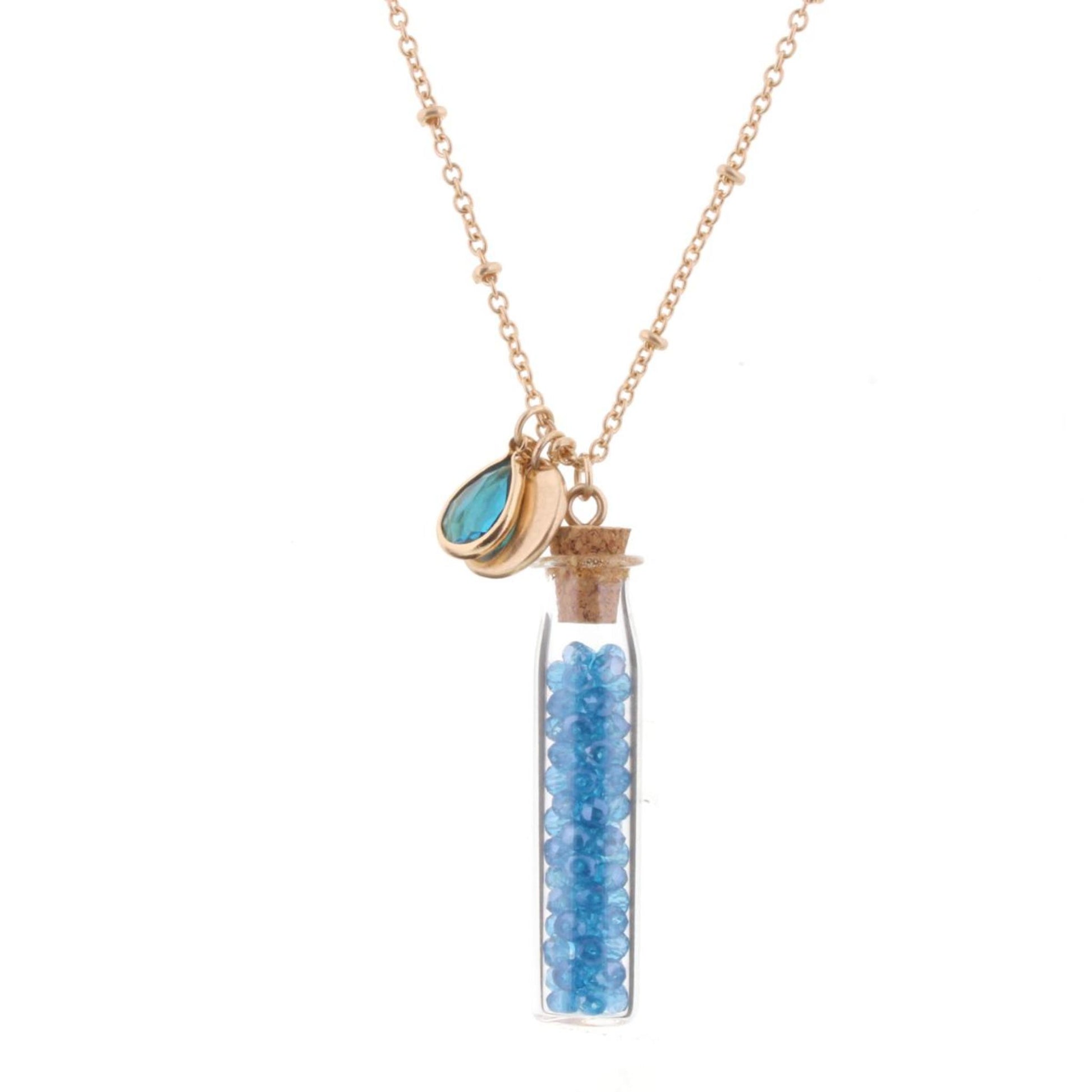 30" Necklace with Aquamarine Bead Filled Bottle, 3" Ext