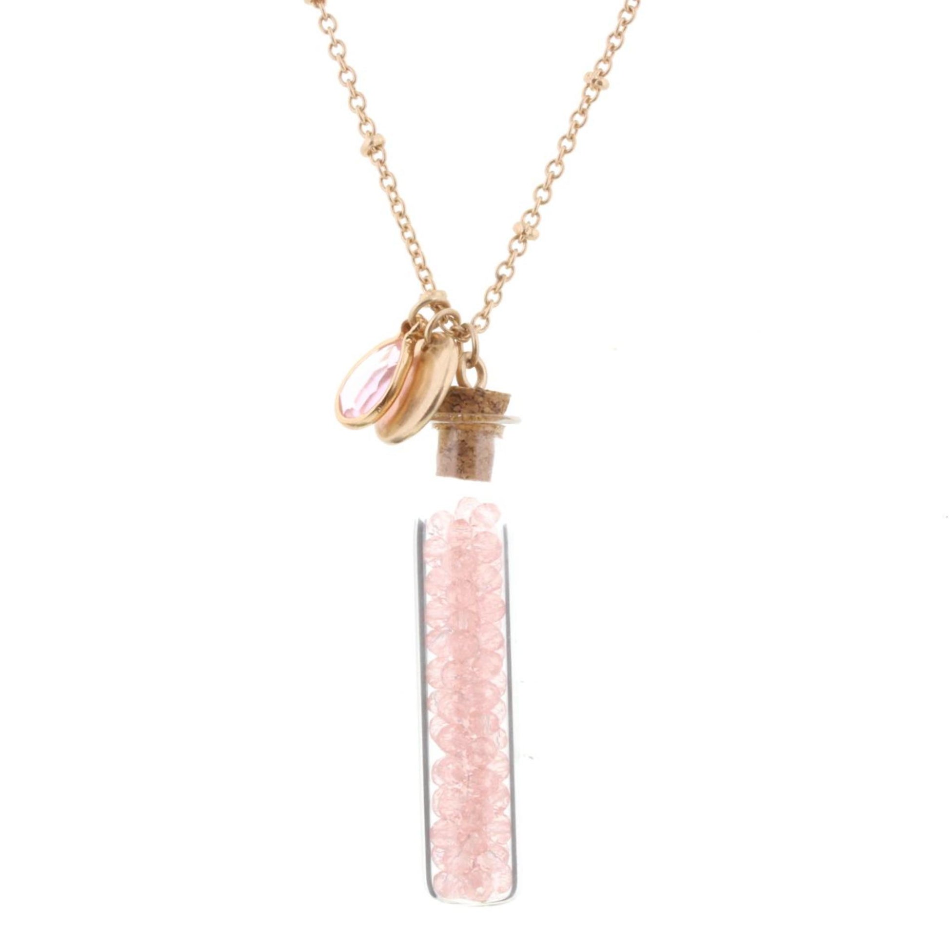 30" Necklace with Rose Quartz Bead Filled Bottle, 3" Ext