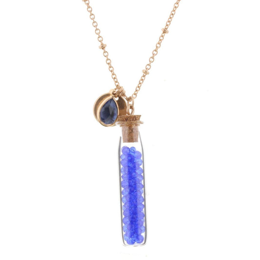 30" Necklace with Sapphire Bead Filled Bottle, 3" Ext