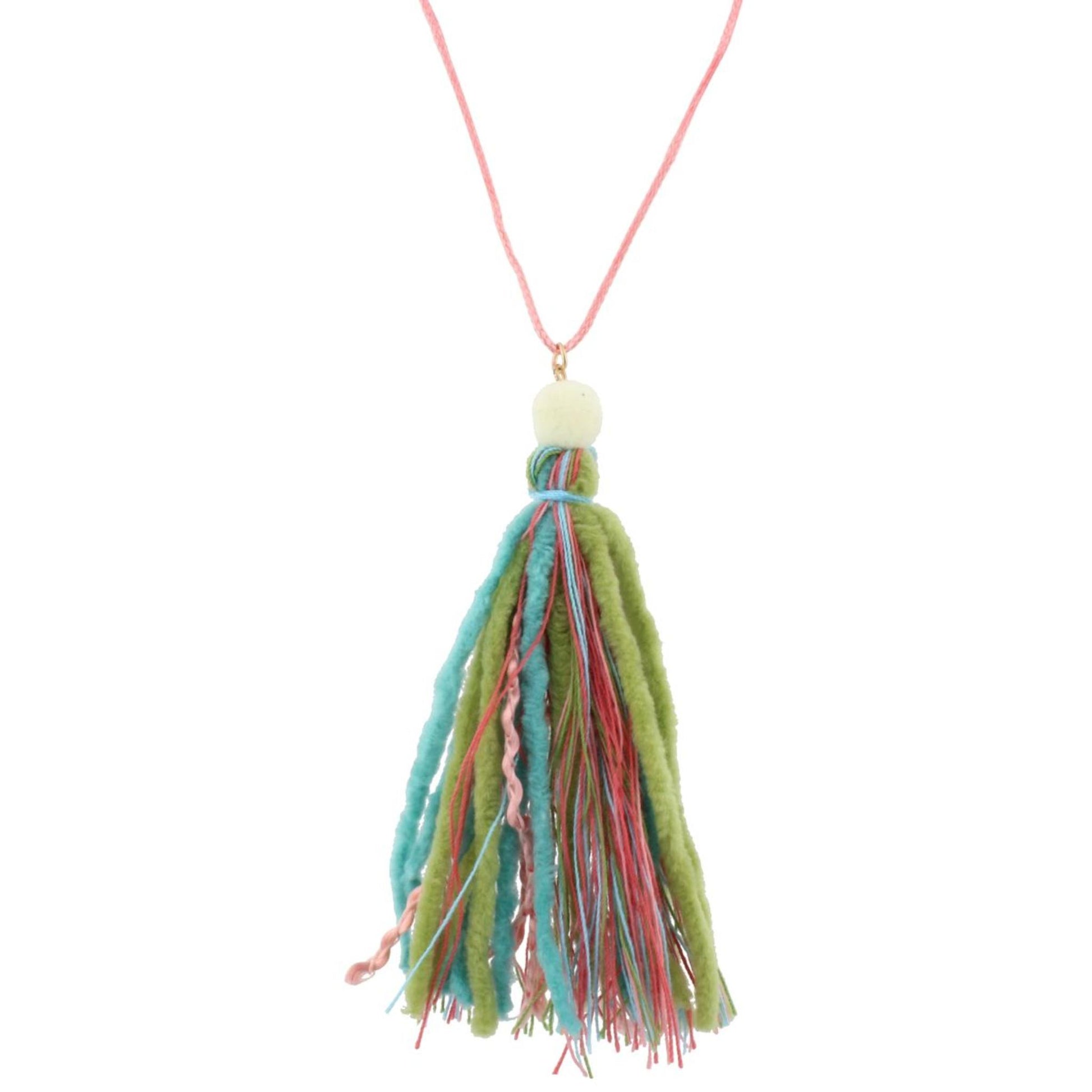 16" Kids Pink Cord Necklace with Lime, Blue, Pink Multi Material Tassel, 3" Ext