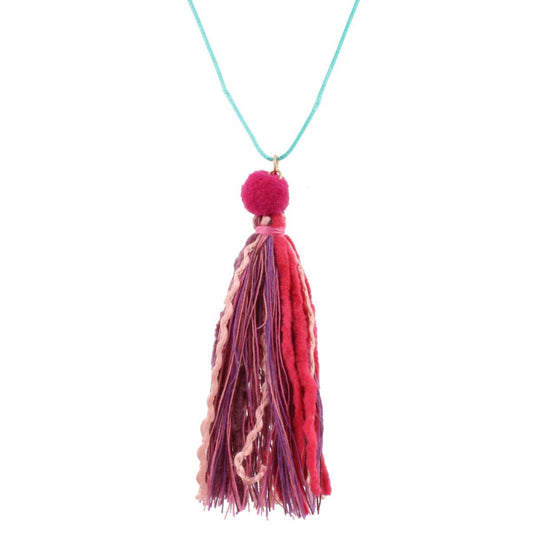 16" Kids Teal Cord Necklace with Hot Pink, Purple Multi Material Tassel, 3" Ext