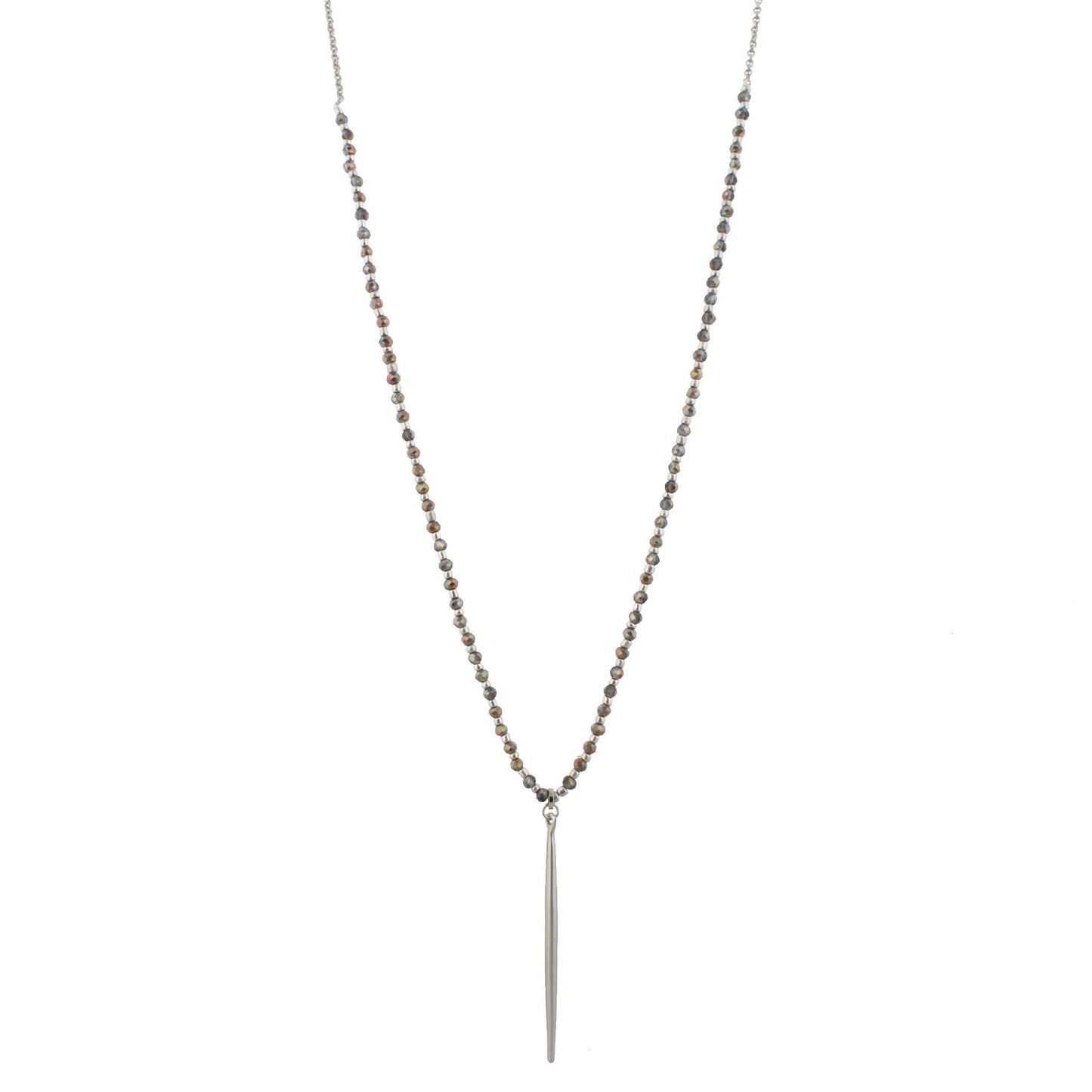 30" 1/3 AB Black Diamond Beaded Necklace with Silver Spear, 3" Ext