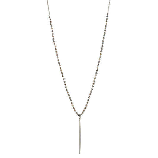 30" 1/3 AB Black Diamond Beaded Necklace with Silver Spear, 3" Ext