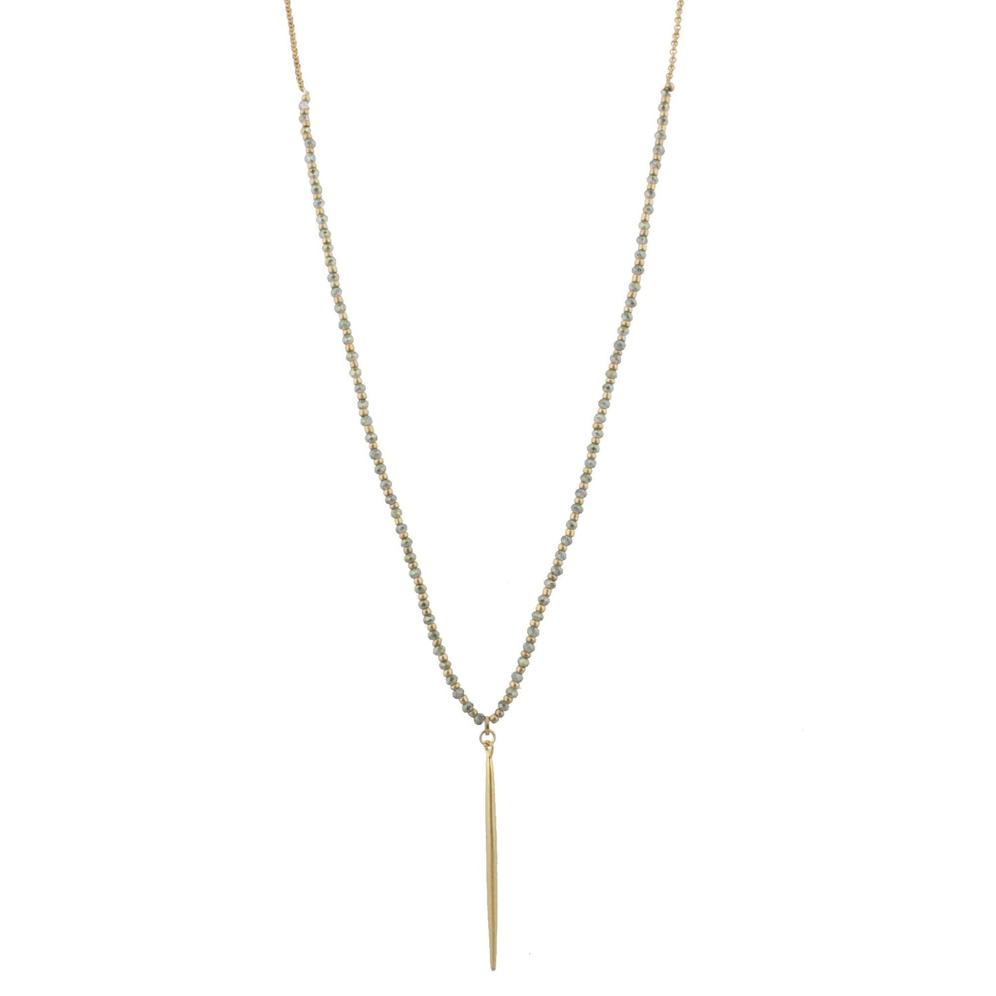 30" 1/3 Green Beaded Necklace with Gold Spear, 3" Ext