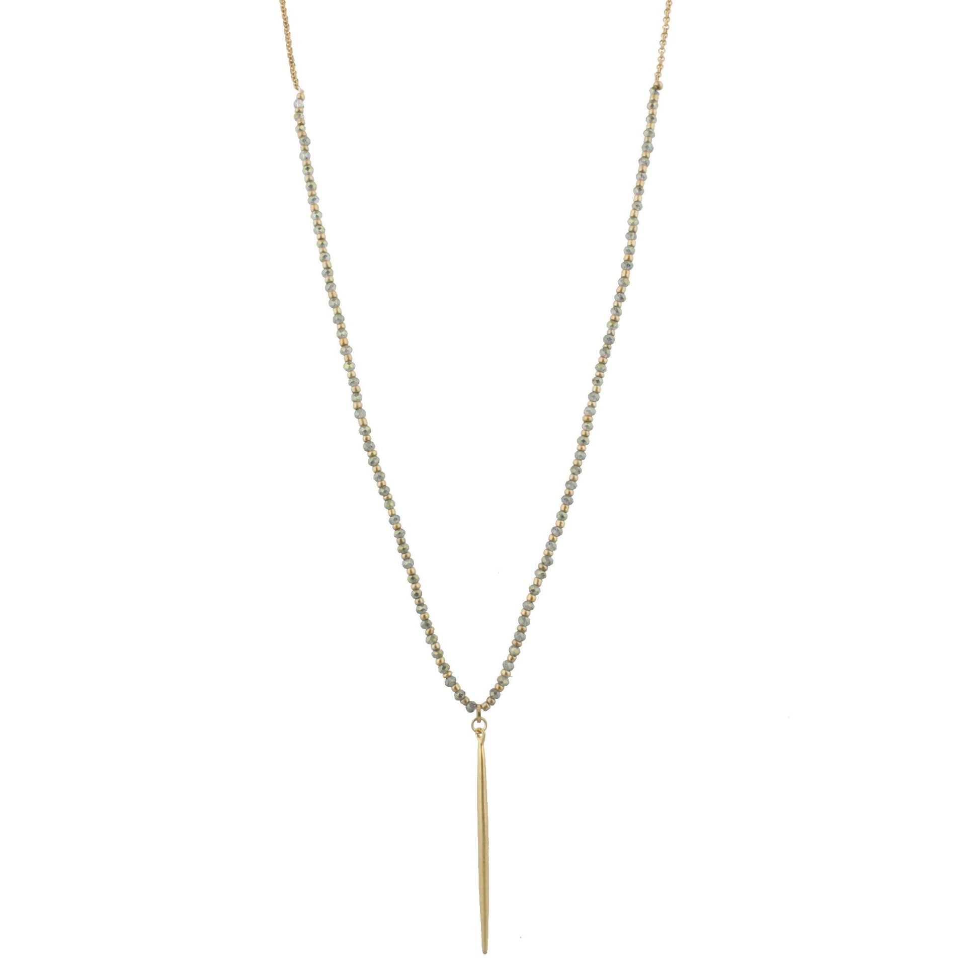 30" 1/3 Green Beaded Necklace with Gold Spear, 3" Ext
