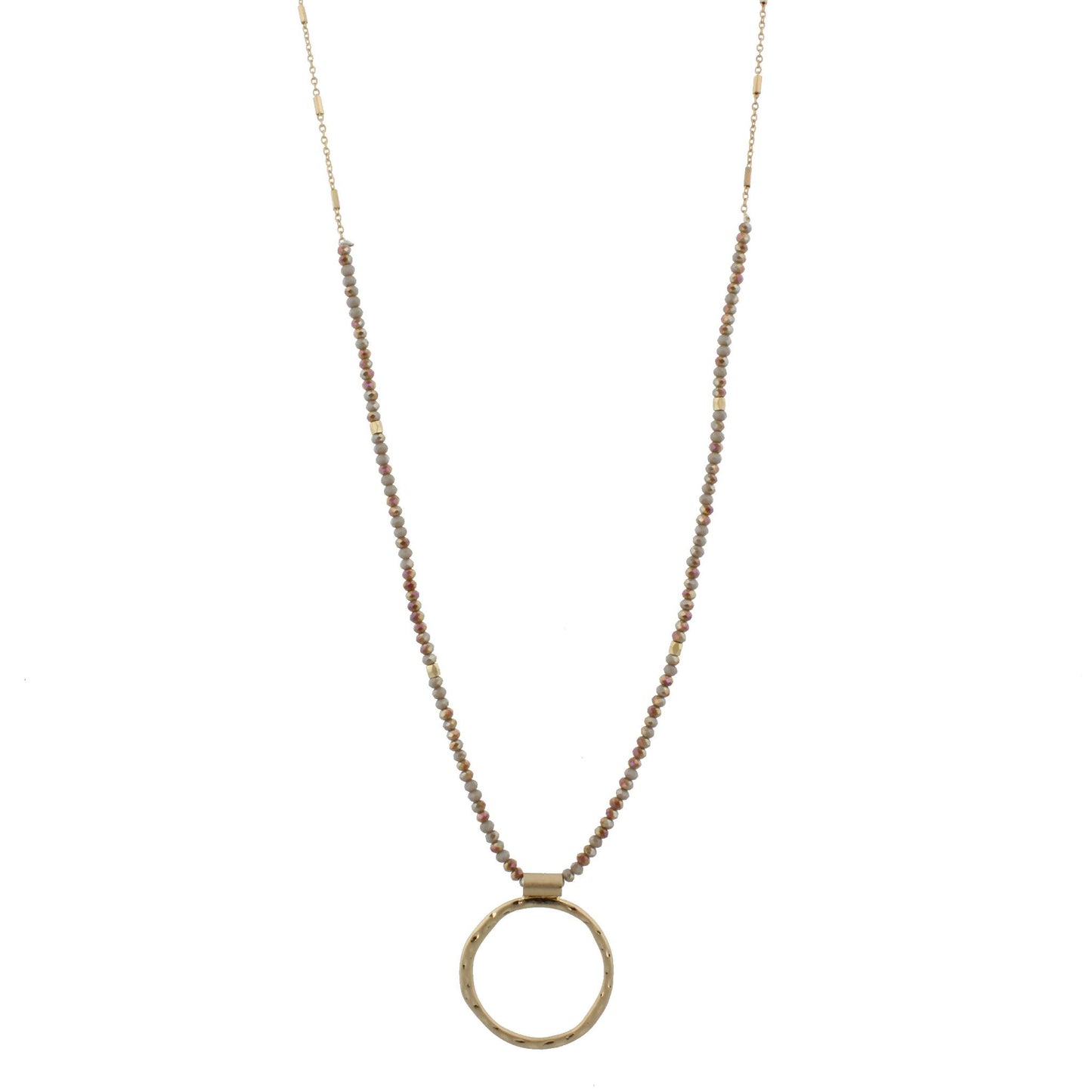 30" 1/3 2-Tone Grey Brown Beaded Necklace with Hammered Gold Circle, 3" Ext