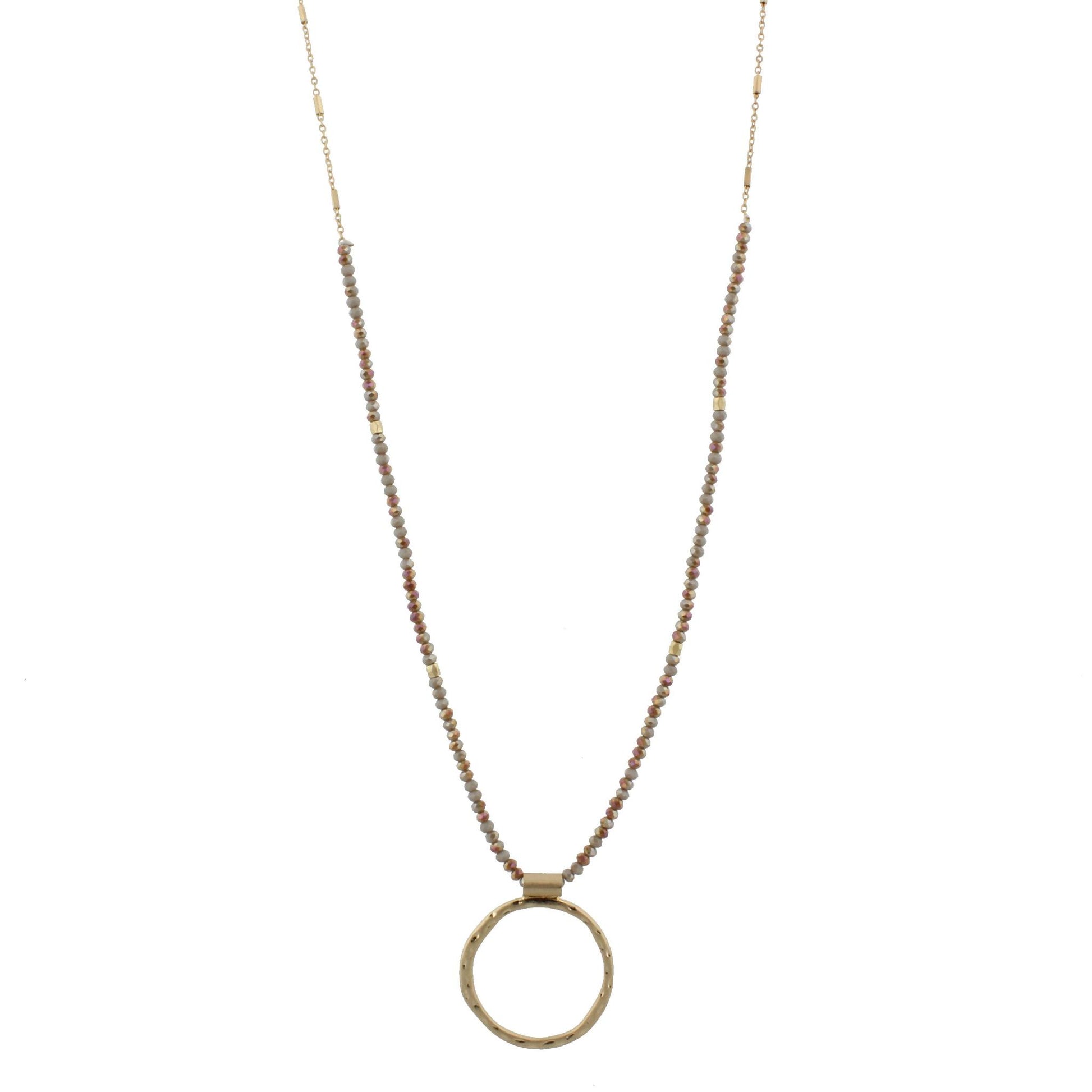 30" 1/3 2-Tone Grey Brown Beaded Necklace with Hammered Gold Circle, 3" Ext