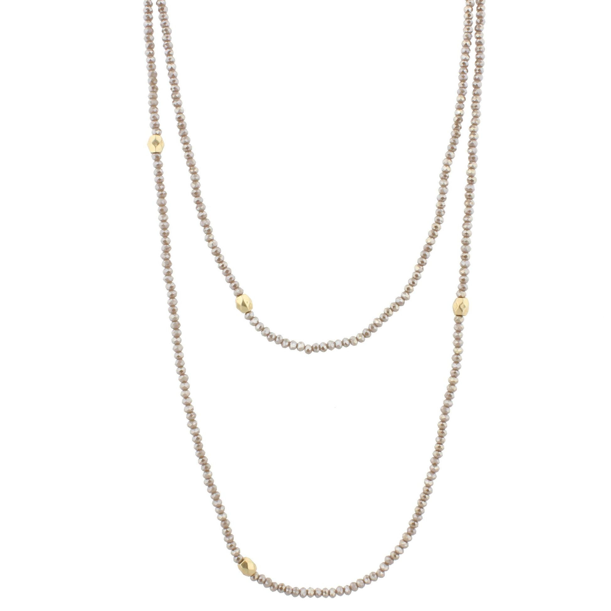 60" Greige Beaded Necklace with Gold Stations, 3" Ext