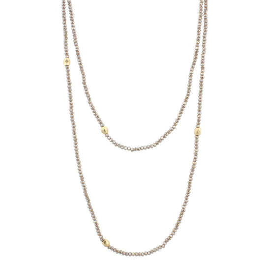 60" Greige Beaded Necklace with Gold Stations, 3" Ext