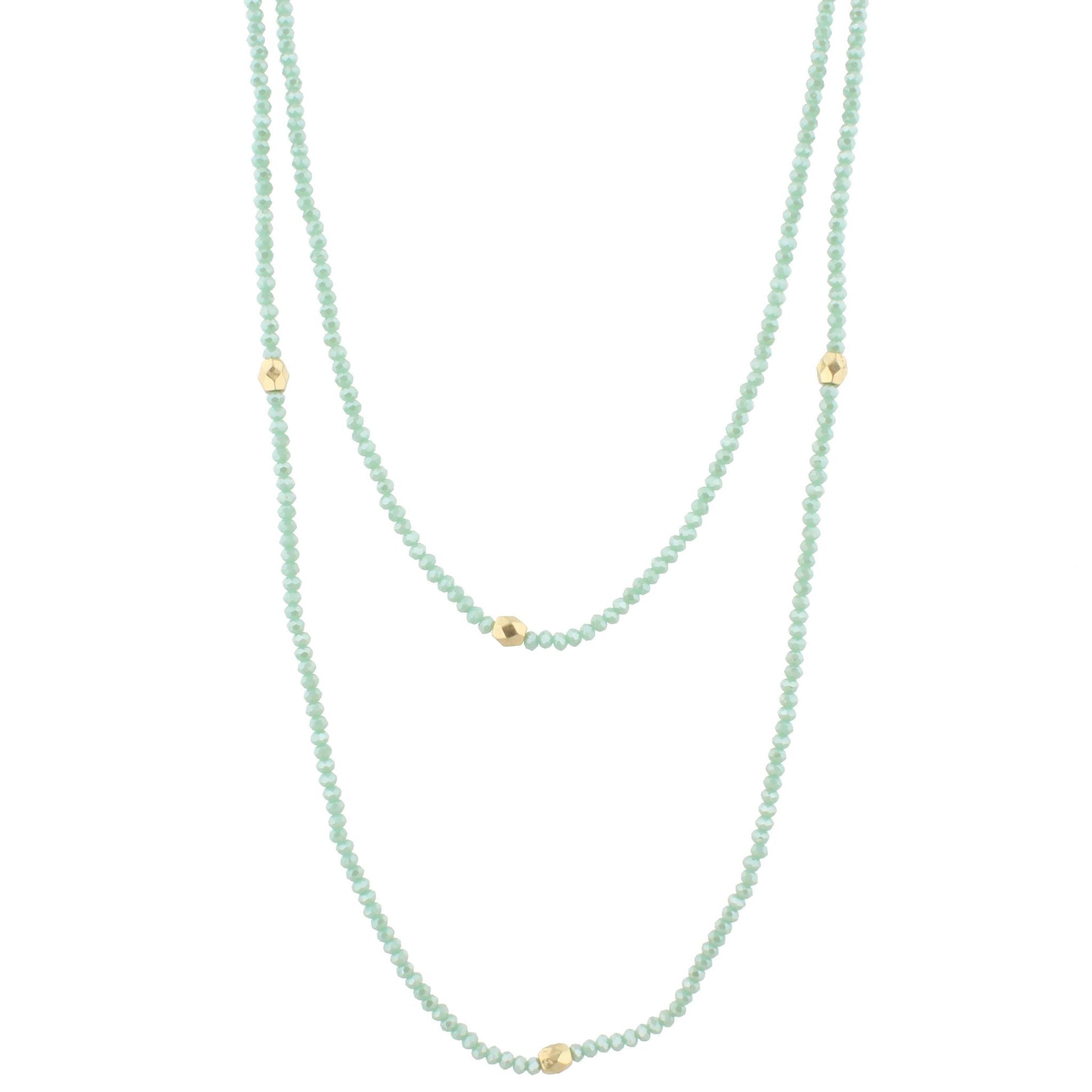 60" Mint Green Beaded Necklace with Gold Stations, 3" Ext