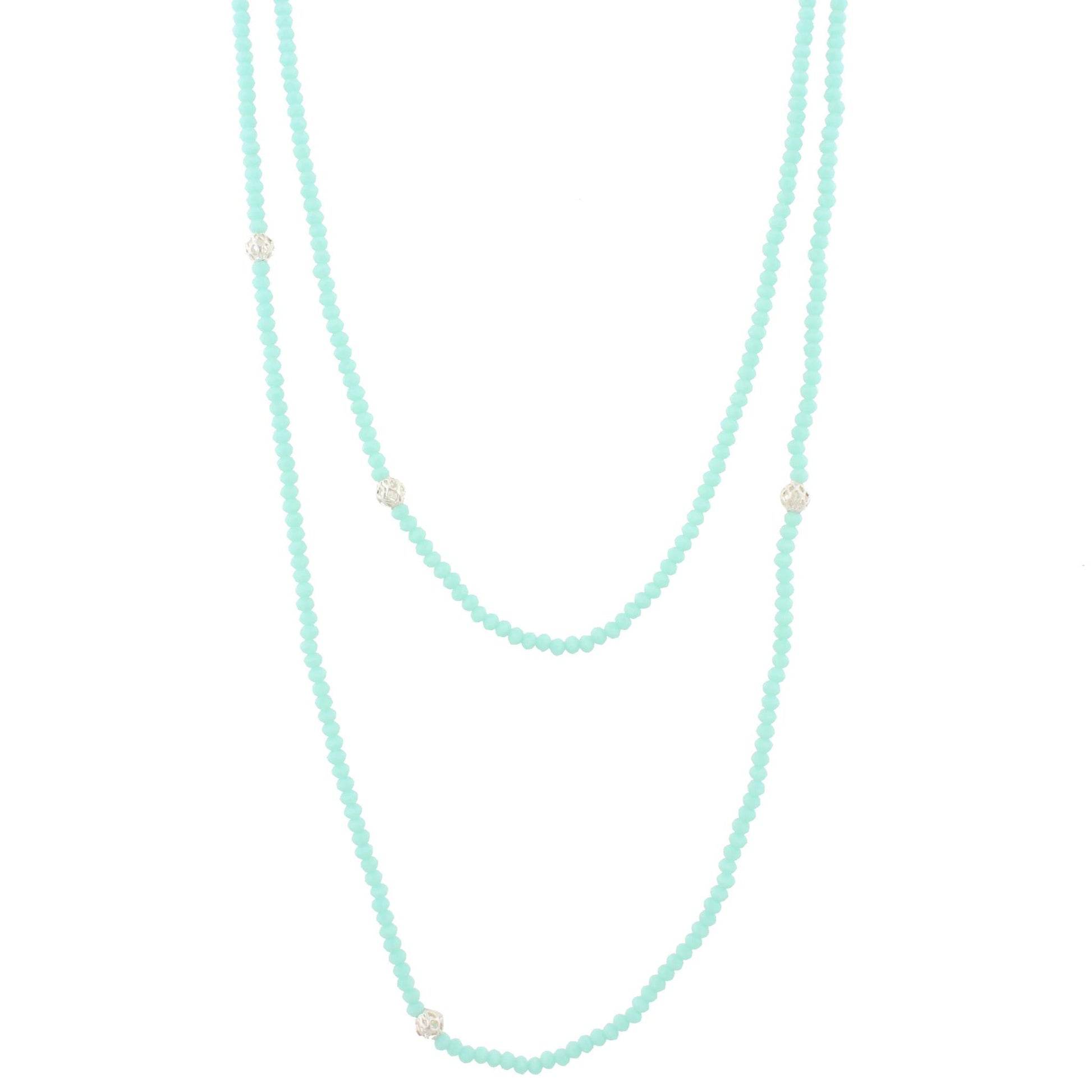 60" Sky Blue Beaded Necklace with Silver Stations, 3" Ext