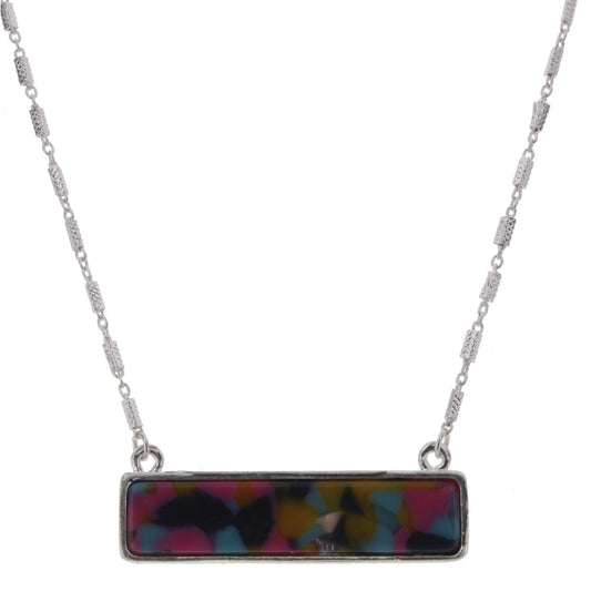 16" Silver Chain Necklace with Pink/Turquoise/Mustard & Grey Marbled Double Sided Resin Rectangle, , 3" Ext