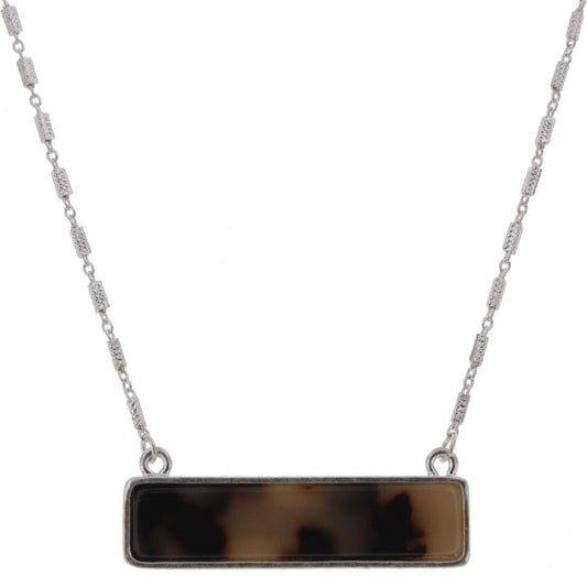 16" Silver Chain Necklace with Leopard & Jet Marbled Double Sided Resin Rectangle, 3" Ext