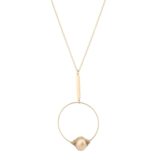32" Gold Chain Necklace with Gold Wire Wrapped Single Champagne Bead Circle, 3" Ext