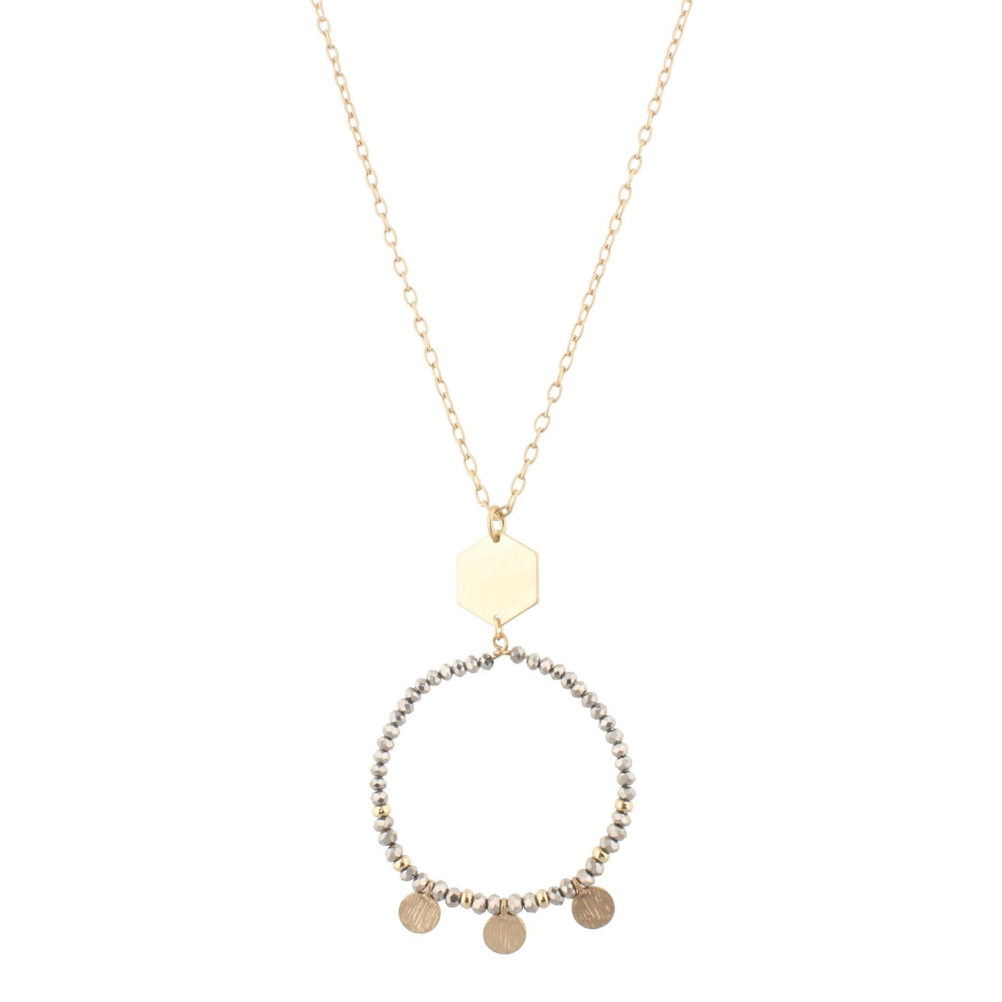 32" Gold Chain Necklace with Hematite Beaded Hoop with Gold Disks, 3" Ext