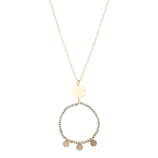 32" Gold Chain Necklace with Hematite Beaded Hoop with Gold Disks, 3" Ext