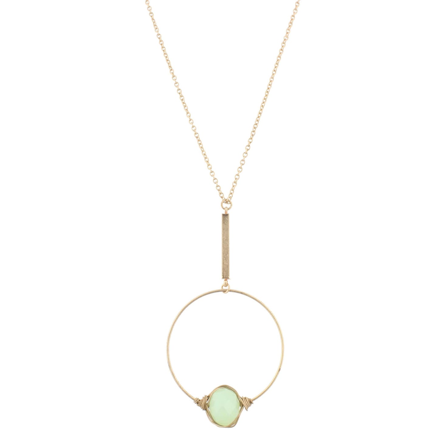 32" Gold Chain Necklace with Gold Wire Wrapped Single Mint Bead Circle, 3" Ext
