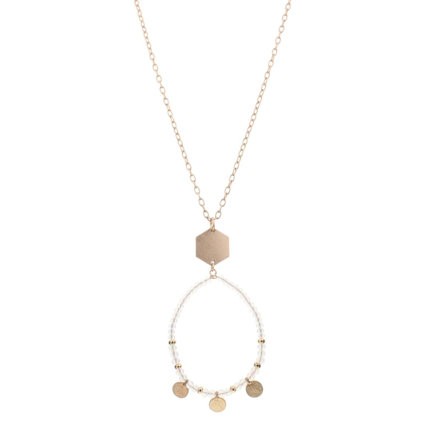 32" Gold Chain Necklace with Opal Beaded Hoop with Gold Disks, 3" Ext
