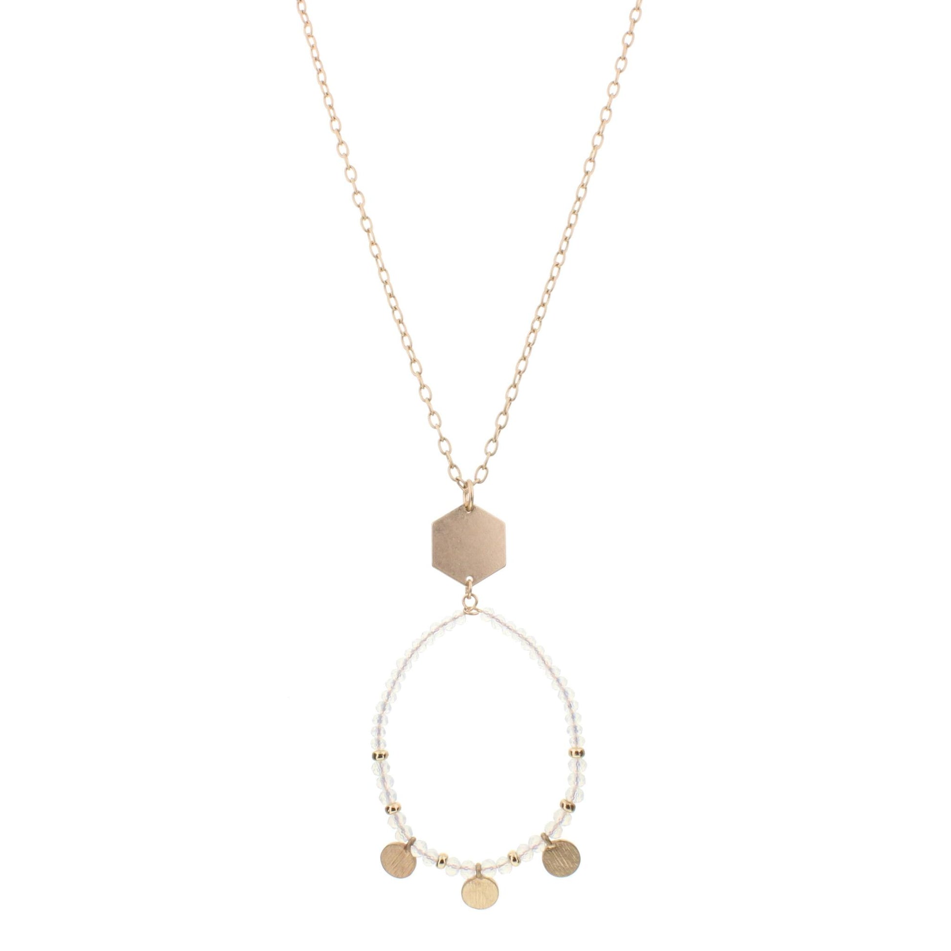 32" Gold Chain Necklace with Opal Beaded Hoop with Gold Disks, 3" Ext