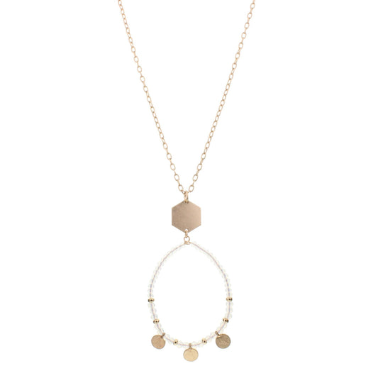 32" Gold Chain Necklace with Opal Beaded Hoop with Gold Disks, 3" Ext