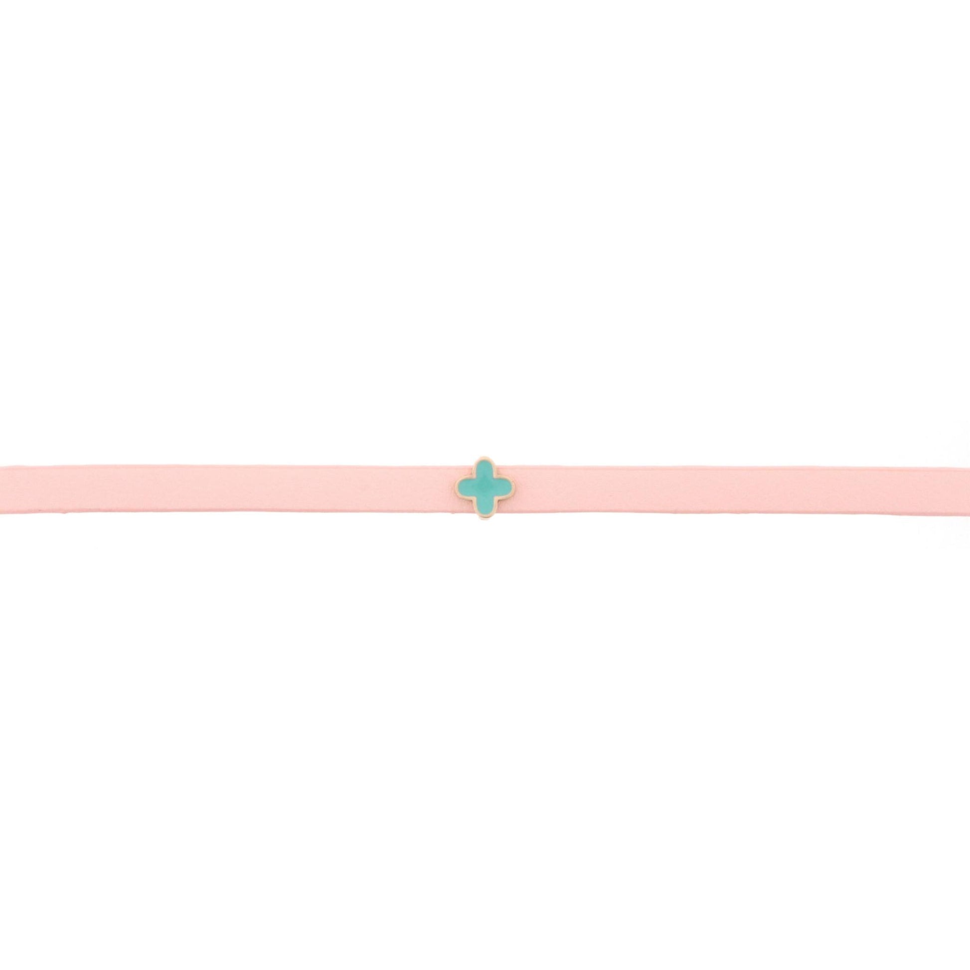 13" Kids Pale Pink Leather Choker Necklace with Mint Cross, 3" Ext