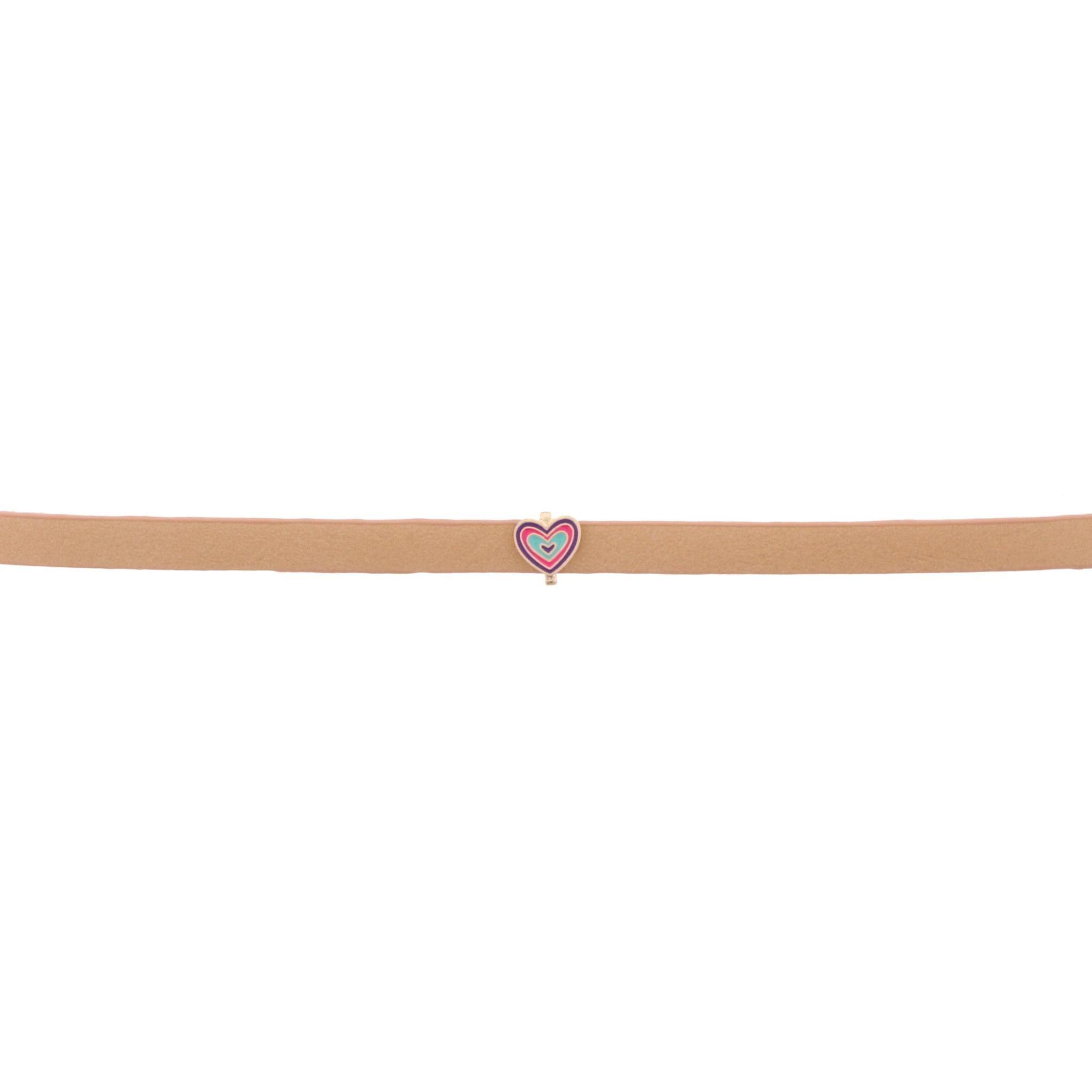 13" Kids Tan Leather Choker Necklace with Colorful Heart, 3" Ext
