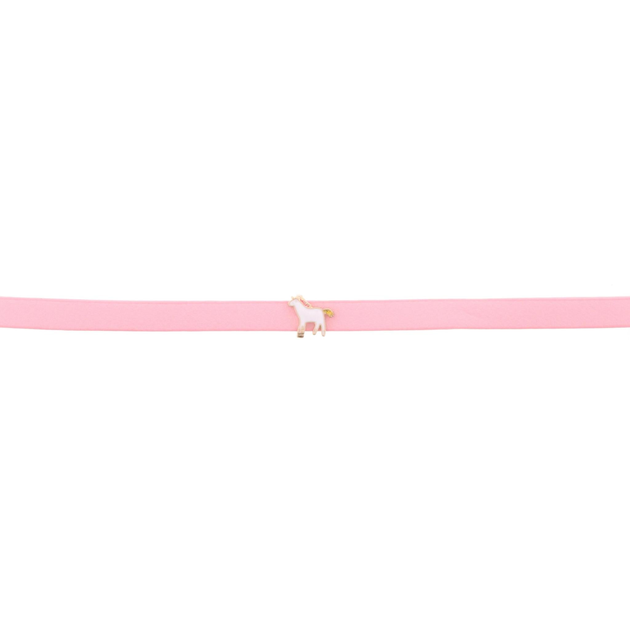 13" Kids Pink Leather Choker Necklace with Unicorn, 3" Ext,