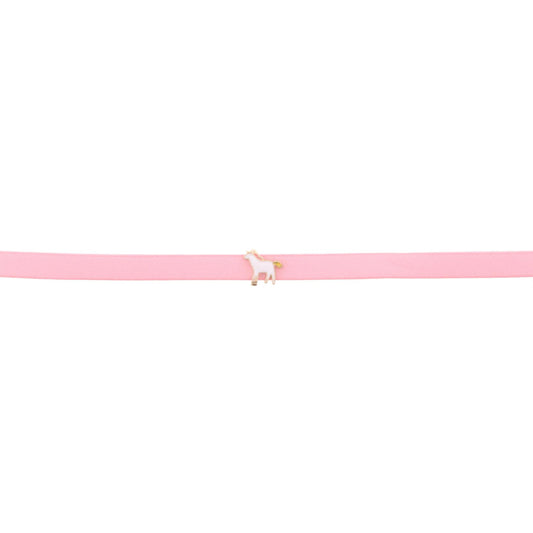 13" Kids Pink Leather Choker Necklace with Unicorn, 3" Ext,