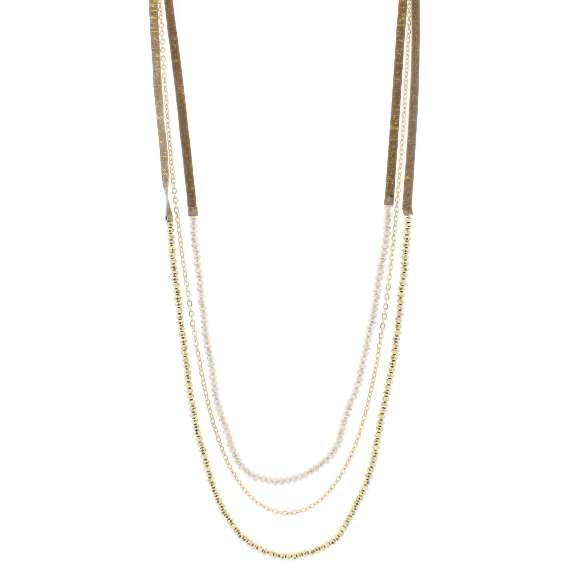 38" 3 Layer Hand Painted Gold Fleck Leather Necklace with Natural & Metallic Beaded Strands, 3" Ext