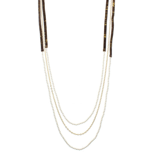 38" 3 Layer Hand Painted Gold Fleck Leather Necklace with Pearl Beaded Strands,3 " Ext,