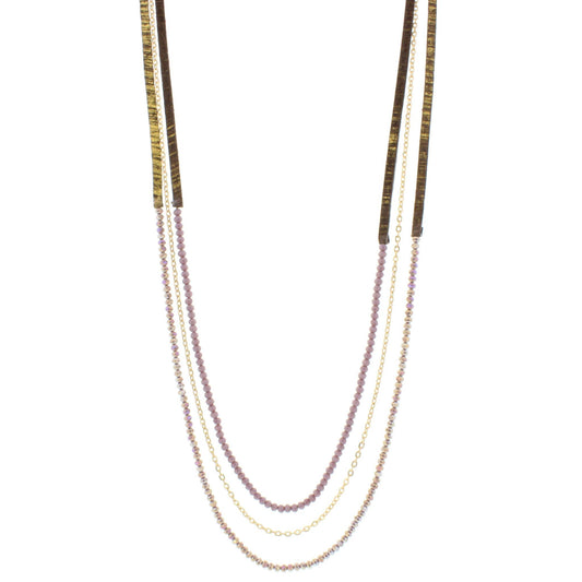38" 3 Layer Hand Painted Gold Fleck Leather Necklace with Purple Beaded Strands, 3" Ext