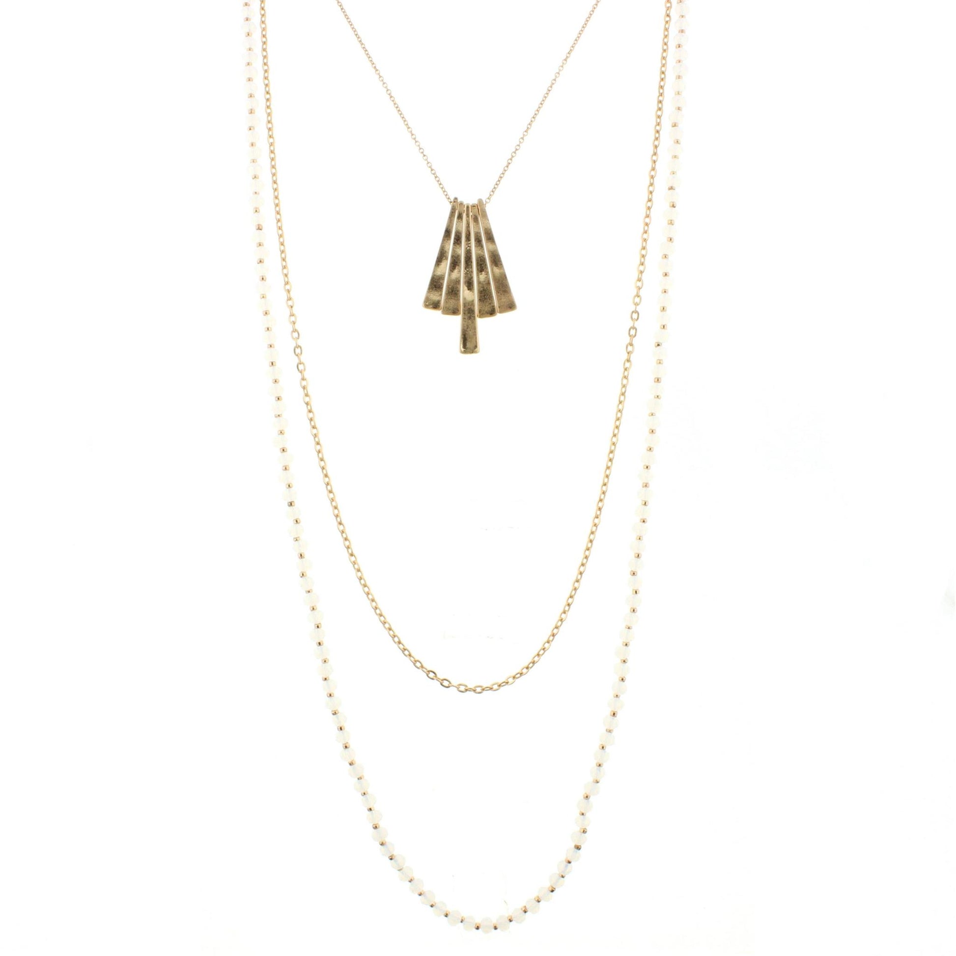 30" 3 Layer Moonstone Beaded Necklace with Gold Fringe, 3" Ext