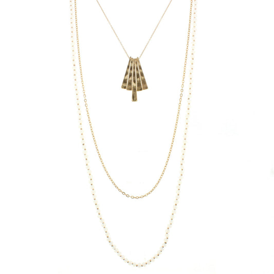 30" 3 Layer Moonstone Beaded Necklace with Gold Fringe, 3" Ext