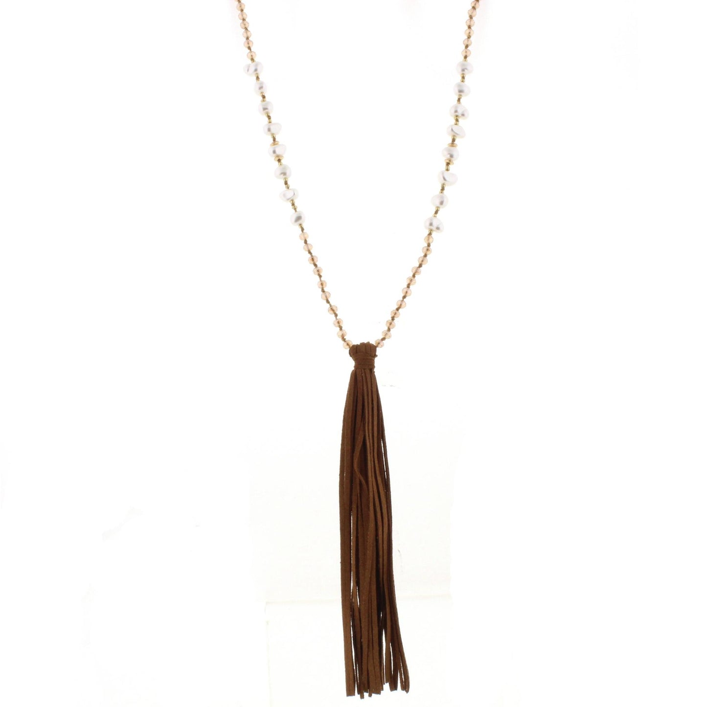 32" Champagne & Pearl Partial Handknotted Necklace with Tan Leather Tassel, 3" Ext