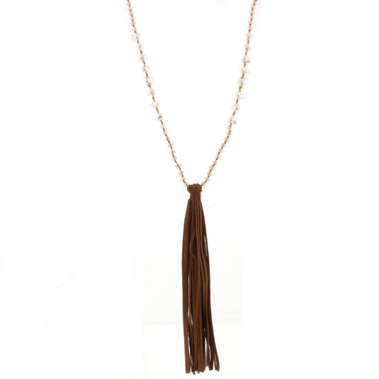 32" Champagne & Pearl Partial Handknotted Necklace with Tan Leather Tassel, 3" Ext
