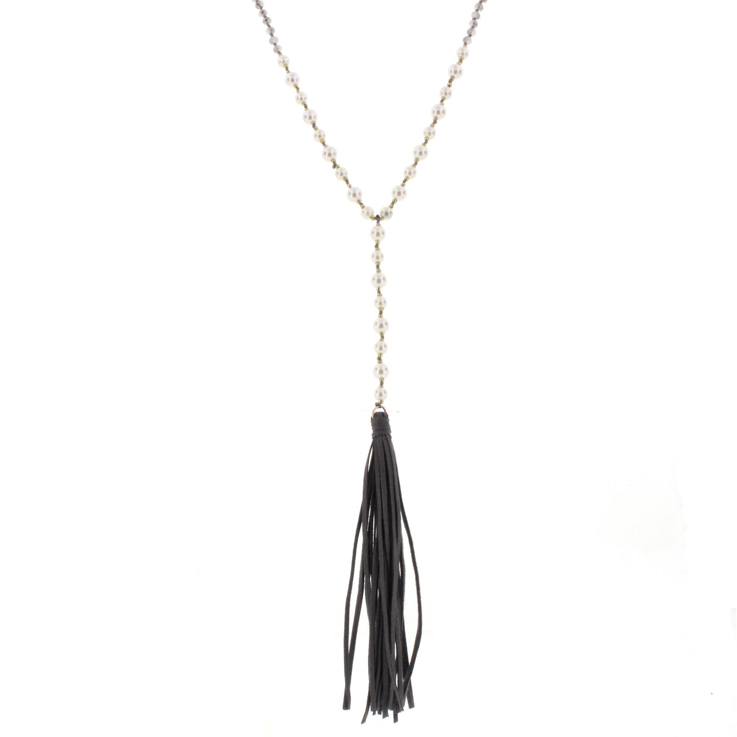 32" Grey & Pearl Partial Handknotted Y Necklace with Grey Leather Tassel, 3" Ext