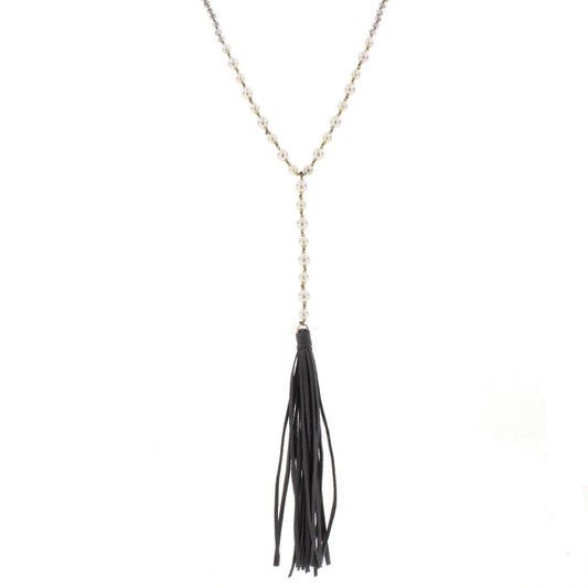 32" Grey & Pearl Partial Handknotted Y Necklace with Grey Leather Tassel, 3" Ext
