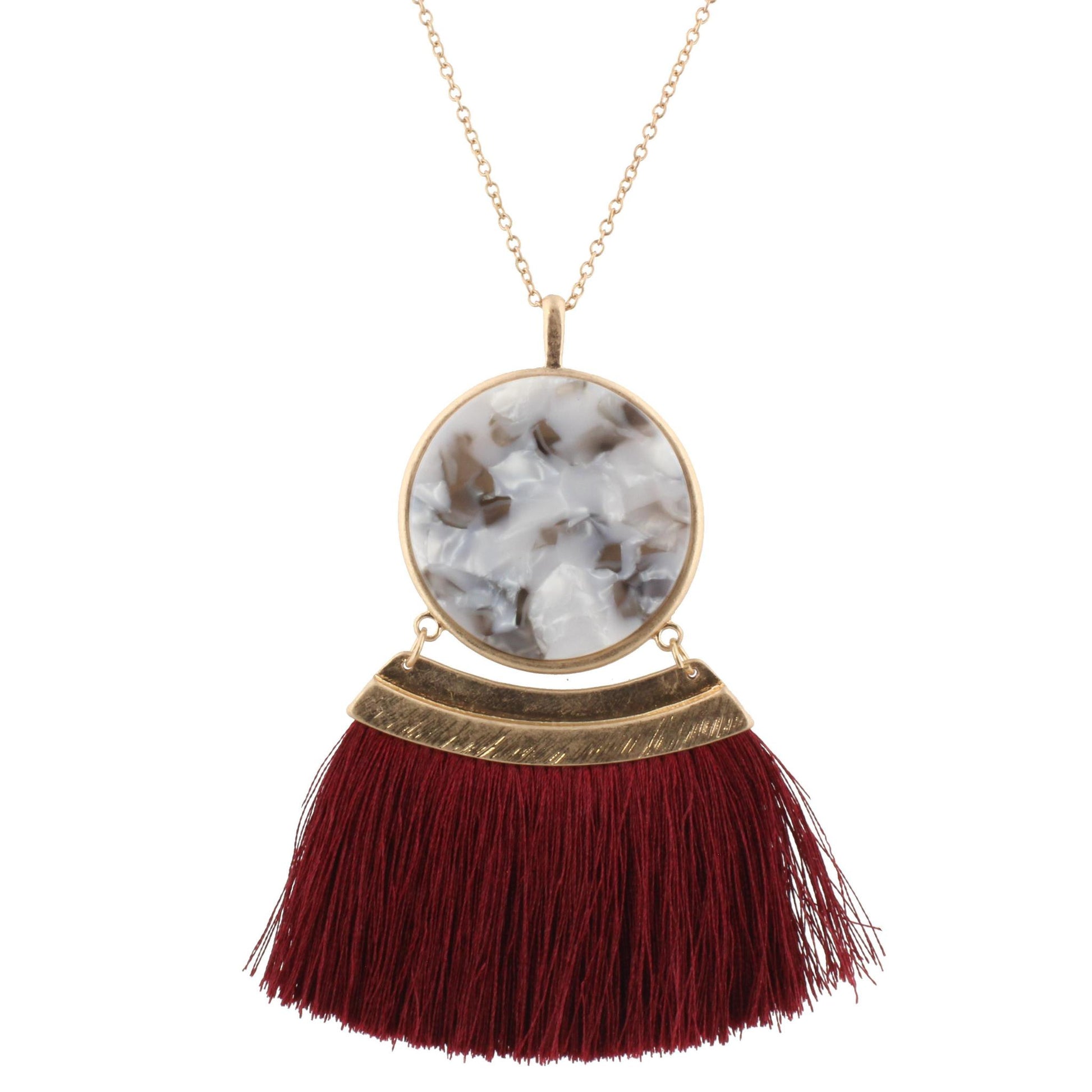 30" Chain Necklace with Double Sided Grey, White Marbled/ Grey, Black Marbled Resin Circle and Maroon Fan, 3" Ext