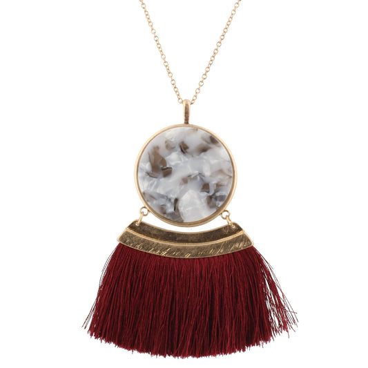 30" Chain Necklace with Double Sided Grey, White Marbled/ Grey, Black Marbled Resin Circle and Maroon Fan, 3" Ext