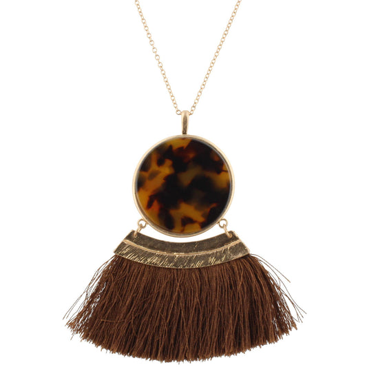 30" Chain Necklace with Double Sided Tortoise/Multi Resin Circle and Brown Fan, 3" Ext