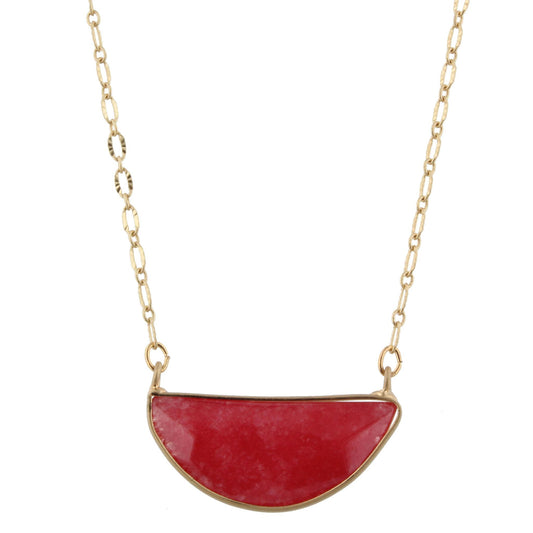 16" Gold Chain Necklace with Burgandy Half Circle Stone, 3" Ext